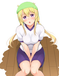 Rule 34 | 1girl, arms between legs, blonde hair, blue shorts, breasts, floor, gym uniform, hair between eyes, honda naoki, long hair, looking at viewer, looking up, low twintails, medium breasts, moss, murenase! shiiton gakuen, open mouth, own hands together, purple eyes, shirt, shishio miyubi, shorts, simple background, sitting, solo, twintails, white shirt