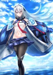 Rule 34 | 1girl, absurdres, armpit cutout, azur lane, bare shoulders, belt, black belt, black footwear, black gloves, black pantyhose, blue cape, blue sky, boots, breasts, cape, casablanca (azur lane), clothing cutout, cloud, collarbone, commentary request, cowboy shot, crop top, elbow gloves, floating hair, frown, gloves, groin, hair between eyes, hair ornament, highres, huge filesize, long hair, looking at viewer, medium breasts, midriff, miniskirt, navel, necktie, ocean, outstretched arm, pantyhose, pleated skirt, purple eyes, purple skirt, red necktie, shirt, sidelocks, silver hair, skirt, sky, sleeveless, sleeveless shirt, solo, standing, thigh boots, thighhighs, white shirt, yuryou jime