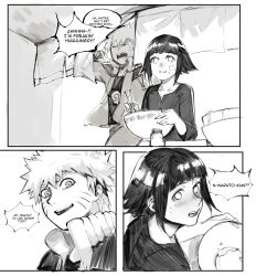 Rule 34 | 1boy, 1girl, blush, collarbone, comic, eating, english text, facial mark, greyscale, highres, hyuuga hinata, jacket, long sleeves, looking at another, monochrome, naruto, naruto (series), open clothes, open jacket, open mouth, pants, shirt, short hair, sitting, speech bubble, standing, teeth, uzumaki naruto, whisker markings, yourfreakyneighbourh
