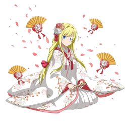 Rule 34 | 1girl, alice zuberg, blonde hair, blue eyes, brown flower, cherry blossoms, floral print, flower, full body, hair flower, hair ornament, hair ribbon, hand fan, highres, holding, holding fan, japanese clothes, kimono, long hair, long sleeves, looking at viewer, official art, pink flower, print kimono, red ribbon, ribbon, sitting, smile, solo, sword art online, transparent background, very long hair, white flower, white kimono, wide sleeves