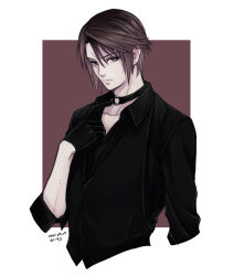Rule 34 | 1boy, alternate costume, black choker, black gloves, black shirt, blue eyes, brown background, brown hair, choker, collared shirt, cropped torso, dated, earrings, expressionless, final fantasy, final fantasy viii, gloves, hand on own chest, hand up, hiryuu (kana h), jewelry, male focus, o-ring, o-ring choker, pointing, pointing at self, scar, scar on face, shirt, short hair, signature, simple background, single earring, solo, squall leonhart, stud earrings, upper body
