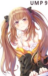 Rule 34 | 1girl, bad id, bad pixiv id, bare shoulders, bikini, blush, breasts, brown hair, character name, collarbone, girls&#039; frontline, hair between eyes, highres, hyonee, jacket, leaning forward, long hair, looking at viewer, medium breasts, off shoulder, own hands together, red eyes, ribbon, scar, scar across eye, scar on face, simple background, smile, solo, swimsuit, twintails, ump9 (girls&#039; frontline), white background, white bikini