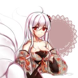 Rule 34 | 1girl, ahoge, albino, ara haan, ara han, bad id, bad pixiv id, bare shoulders, breasts, brooch, character name, cleavage, detached sleeves, doily, dress, elsword, eyeshadow, facial mark, fox tail, frills, hair between eyes, hair ornament, japanese clothes, jewelry, lace, lace background, large breasts, light smile, long hair, looking at viewer, makeup, multiple tails, print dress, red eyes, ribbon, smile, solo, strapless, strapless dress, tail, tanjel, white hair, wide sleeves