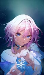 Rule 34 | 1girl, :3, black choker, blue eyes, blue jacket, choker, closed mouth, commentary request, gradient background, hair between eyes, hair intakes, hands up, highres, honkai: star rail, honkai (series), jacket, kuredo (eqgfcrqu2r82516), light particles, long sleeves, looking at viewer, march 7th (honkai: star rail), medium hair, pink hair, simple background, smile, solo, upper body