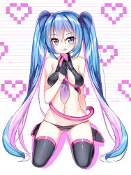 Rule 34 | 1girl, :q, artist name, bare shoulders, black footwear, black thighhighs, blue eyes, blue hair, blush, boots, breasts, demon tail, full body, gendo0032, gendo0033, gloves, hatsune miku, heart, long hair, looking at viewer, lowleg, lowleg panties, matching hair/eyes, panties, sitting, smile, solo, striped clothes, striped panties, sweet devil (vocaloid), tail, thigh boots, thighhighs, tongue, tongue out, twintails, underwear, very long hair, vocaloid, white background