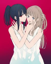 Rule 34 | 2girls, black hair, blue eyes, blunt bangs, brown hair, closed mouth, commentary, cowboy shot, dress, finger in another&#039;s mouth, gradient background, hand on another&#039;s head, high ponytail, highres, long hair, looking at viewer, maromi (am97), multiple girls, open mouth, original, pinafore dress, red background, red eyes, sidelocks, sleeveless, sleeveless dress, white dress, yuri