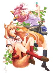 Rule 34 | 10s, 2girls, animal ears, breasts, brown eyes, brown hair, fate/extra, fate/extra ccc, fate/extra ccc fox tail, fate/grand order, fate (series), grin, highres, long hair, multiple girls, open mouth, pink hair, school uniform, shoes, skirt, smile, socks, suzuka gozen (fate), tail, tamamo (fate), tamamo no mae (fate/extra), v, yellow eyes