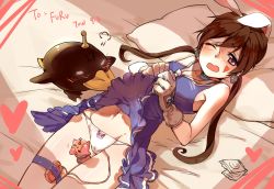 Rule 34 | 10s, 1girl, academic (dragon nest), anchor symbol, animal ears, animal print, bare shoulders, blush, breasts, brown hair, cat panties, cat print, choker, clothes lift, condom, condom wrapper, dragon nest, earrings, egg vibrator, facial mark, gloves, heart, highres, jewelry, looking at viewer, lying, on bed, open mouth, panties, pillow, print panties, rabbit ears, robot, sex toy, skirt, skirt lift, skull, skull earrings, thigh strap, towtow redoland, twintails, underwear, vibrator, vibrator under clothes, vibrator under panties, white panties, wince