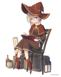 Rule 34 | 1girl, absurdres, black dress, blush, book, boots, bottle, brown capelet, brown footwear, brown hat, capelet, chair, chair tipping, collarbone, coreytaiyo, crate, dress, glasses, grey hair, hat, highres, holding, holding book, long sleeves, looking at viewer, on chair, open book, open mouth, original, round eyewear, russian text, simple background, sitting, solo, sweat, translated, twitter username, white background, wide sleeves, witch hat