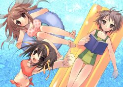 3girls asahina_mikuru barefoot bikini black_hair breasts brown_eyes brown_hair cleavage feet from_above green_one-piece_swimsuit innertube ito_noizi large_breasts long_hair looking_at_viewer lying multiple_girls nagato_yuki official_art on_back one-piece_swimsuit red_bikini red_one-piece_swimsuit second-party_source short_hair suzumiya_haruhi suzumiya_haruhi_no_yuuutsu swim_ring swimsuit tankini water