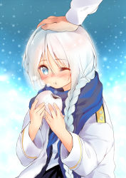 Rule 34 | 10s, 1girl, admiral (kancolle), blue eyes, blush, braid, eating, hand on another&#039;s head, headpat, highres, jacket, kantai collection, long hair, obiwan, one eye closed, scarf, silver hair, single braid, solo focus, umikaze (kancolle)