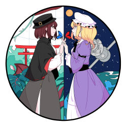 Rule 34 | 2girls, absurdres, black capelet, black headwear, black ribbon, black skirt, blonde hair, blue butterfly, brown eyes, brown hair, bug, butterfly, capelet, closed mouth, dress, earth (planet), eye contact, full moon, hat, highres, insect, interlocked fingers, long sleeves, looking at another, maribel hearn, mob cap, moon, multiple girls, night, planet, plant, purple dress, red butterfly, ribbon, satellite, shirt, short hair, simple background, skirt, smile, space, star (sky), torii, touhou, trojan green asteroid, usami renko, verde525, vines, white background, white headwear, white shirt, yellow eyes