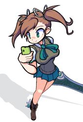 Rule 34 | 1girl, ascot, average-hanzo, bare legs, breasts, brown hair, cellphone, eyebrows hidden by hair, from above, green eyes, hair ribbon, head tilt, jaggy lines, large breasts, looking at phone, miniskirt, nanase (under night in-birth), phone, ribbon, shadow, shoes, short sleeves, short twintails, simple background, skirt, smartphone, smile, socks, solo, sword, twintails, under night in-birth, weapon, white background