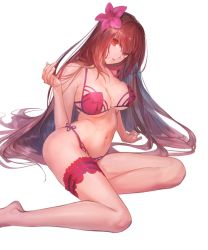 Rule 34 | 1girl, bikini, breasts, bridal garter, cleavage, fate/grand order, fate (series), flower, hair flower, hair ornament, hand in own hair, hands on ground, head tilt, hibiscus, large breasts, legs, navel, pink bikini, purple bikini, purple hair, red eyes, scathach (fate), scathach (fate/grand order), scathach (swimsuit assassin) (fate), side-tie bikini bottom, simple background, sitting, solo, swimsuit, thigh strap, thighs, underboob, white background, ya99ru