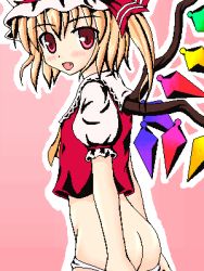Rule 34 | 1girl, artist request, ass, female focus, flandre scarlet, gradient background, hat, lowres, mob cap, non-web source, oekaki, panties, panty pull, solo, touhou, underwear
