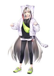 Rule 34 | 1girl, absurdres, black hair, black legwear, casual, collar, commentary request, fate/grand order, fate (series), full body, green eyes, green footwear, hair between eyes, hane yuki, highres, hood, jacket, jewelry, long hair, long sleeves, looking at viewer, multicolored hair, nagao kagetora (fate), necklace, open mouth, shoes, silver hair, simple background, smile, solo, standing, two-tone hair, very long hair, white background, white hood, white jacket