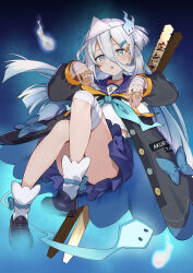 1girl :o absurdres ankle_socks aqua_neckerchief ass bandaged_hand bandaged_leg bandages bandaid bandaid_on_hand black_footwear blue_hair blue_sailor_collar blue_skirt blush full_body ghost_hair_ornament grey_eyes hair_between_eyes hair_ornament hairclip highres hitodama hitodama_hair_ornament loafers long_hair long_sleeves looking_at_viewer neckerchief parted_lips pukara sailor_collar school_uniform serafuku shoes skirt socks solo suzutuki_sui triangular_headpiece varium virtual_youtuber white_hair white_socks