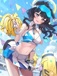 Rule 34 | 1girl, animal ears, bandaid, bare shoulders, black hair, blue archive, blue eyes, blue sky, blush, body writing, breasts, cheerleader, cleavage, confetti, crop top, dog ears, dog girl, dog tail, eyewear on head, female focus, gloves, goggles, goggles on head, halo, hibiki (blue archive), hibiki (cheer squad) (blue archive), highres, holding, holding pom poms, leaning forward, long hair, looking at viewer, medium breasts, millennium cheerleader outfit (blue archive), miniskirt, mole, navel, official alternate costume, open mouth, pleated skirt, pom pom (cheerleading), pom poms, shirousagi una, skirt, sky, smile, solo, standing, star sticker, sticker on face, sweat, tail, thighs, white skirt, yellow halo