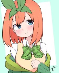 Rule 34 | 1girl, blue background, blue eyes, blush, bow, breasts, closed mouth, collared shirt, commentary, eyebrows hidden by hair, go-toubun no hanayome, green bow, green jacket, green ribbon, hair between eyes, hair ribbon, hand up, jacket, kujou karasuma, long sleeves, medium breasts, nakano yotsuba, off shoulder, open clothes, open jacket, orange hair, ribbon, shirt, signature, sleeves past wrists, smile, solo, sweater vest, symbol-only commentary, two-tone background, upper body, white background, white shirt