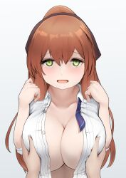 Rule 34 | 1girl, absurdres, blush, grabbing another&#039;s breast, breasts, brown hair, cleavage, collarbone, collared shirt, girls&#039; frontline, grabbing, green eyes, grey background, hair between eyes, highres, large breasts, long hair, looking at viewer, no bra, open clothes, open mouth, open shirt, out of frame, ponytail, shirt, simple background, smile, solo focus, springfield (girls&#039; frontline), straight-on, tun turu10, upper body, white shirt