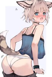 Rule 34 | 1girl, ahoge, animal ear fluff, animal ears, arknights, ass, black pantyhose, blue background, blue camisole, blue eyes, blush, breasts, brown hair, camisole, clothes pull, commentary request, fox ears, fox girl, fox tail, from behind, highres, kyuu (plastic night q), looking at viewer, looking back, nose blush, notice lines, open mouth, panties, pantyhose, pantyhose pull, see-through, small breasts, solo, sussurro (arknights), sweat, tail, two-tone background, underwear, white background, white panties