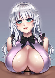 Rule 34 | 1boy, 1girl, bad id, bad twitter id, bar censor, blush, breasts, censored, character request, cleavage, copyright request, green eyes, highres, large breasts, long hair, looking at viewer, miyotarou, open mouth, paizuri, paizuri under clothes, penis, ribbon, shiny skin, silver hair
