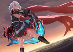 Rule 34 | 1girl, absurdres, admiral graf spee (azur lane), azur lane, blue eyes, breasts, cloud, cloudy sky, commentary request, cross, fins, fish tail, highres, iron cross, mechanical arms, multicolored hair, ocean, red scarf, samc, scarf, shark tail, short hair, sky, small breasts, solo, standing, streaked hair, tail, underboob, white hair