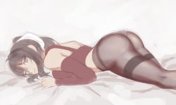 Rule 34 | 1girl, artist request, ass, black hair, blue eyes, bow, breasts, closed mouth, hair bow, large breasts, long hair, lying, no pants, noihara himari, omamori himari, on stomach, panties, panties under pantyhose, pantyhose, ponytail, solo, underwear, white bow