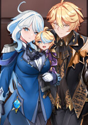 Rule 34 | 1boy, 1girl, absurdres, aether (genshin impact), aged up, ahoge, alternate costume, ascot, black ascot, black jacket, blonde hair, blue eyes, blue hair, blue jacket, breasts, brooch, child, closed mouth, commentary, couple, english commentary, epaulettes, furina (genshin impact), genshin impact, gloves, hair between eyes, highres, holding, if they mated, indoors, jacket, jewelry, large breasts, long hair, looking at viewer, multicolored hair, open mouth, short hair, smile, tian kazuki, two-tone hair, very long hair, vision (genshin impact), white gloves, white hair, yellow eyes