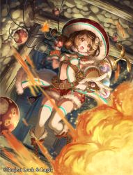 Rule 34 | :d, bomb, boots, breasts, brown eyes, cleavage, copyright name, cross-laced footwear, explosion, explosive, foreshortening, hair ornament, hat, holding, holding bomb, indoors, lace-up boots, lit fuse, luck &amp; logic, medium breasts, mineshaft, mito itsuki, mushroom hat, nanahoshi yukari, official art, open mouth, outstretched hand, red hat, red shorts, short hair, shorts, smile, solo, standing, standing on one leg, tagme, thighhighs, throwing, v-shaped eyebrows, white thighhighs