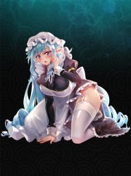 Rule 34 | blue hair, breasts, elf, kneeling, large breasts, maid, pointy ears, project qt, qtenka, thick thighs, thighs, una (project qt)