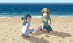 Rule 34 | 1boy, 1girl, beach, black footwear, black hair, blue shorts, brown headwear, bucket hat, closed mouth, day, dress, closed eyes, green shirt, hat, highres, kneeling, laughing, long hair, looking at viewer, muji (uimss), ocean, open mouth, original, outdoors, sand, shadow, shirt, short hair, short sleeves, shorts, smile, squatting, symbol-only commentary, v, white dress