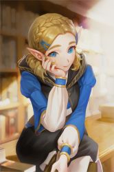 Rule 34 | 1girl, black pants, blonde hair, blue eyes, blush, bookshelf, braid, closed mouth, commentary request, crossed legs, crown braid, hair ornament, hairclip, hand on own cheek, hand on own face, highres, indoors, jinwu (jinwudraw), juliet sleeves, library, long sleeves, looking at viewer, nintendo, pants, parted bangs, pointy ears, princess zelda, puffy sleeves, short hair, sitting, smile, solo, the legend of zelda, the legend of zelda: breath of the wild, the legend of zelda: tears of the kingdom
