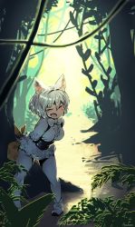 Rule 34 | 10s, 1girl, :d, ^ ^, anchors (mono eye os), animal ears, arms behind back, bento, bow, bowtie, closed eyes, commentary, day, facing viewer, fang, forest, fur trim, hair between eyes, highres, kemono friends, leaning forward, legs apart, long sleeves, nature, open mouth, outdoors, pantyhose, plant, short hair, smile, solo, southern tamandua (kemono friends), tamandua ears, vines, white bow, white bowtie, white hair