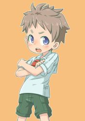 Rule 34 | 1boy, angry, blue eyes, blush, brown hair, child, crossed arms, frown, green shorts, light brown hair, made in abyss, male focus, natt (made in abyss), open mouth, orange background, pocket, shadow, shirt, shorts, simple background, solo, solo focus, spiked hair, teeth, tjugemu, tongue, whistle, white shirt