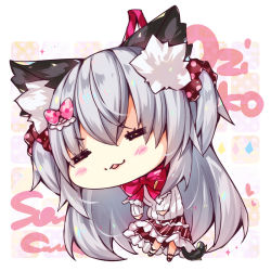 Rule 34 | 1girl, animal ear fluff, animal ears, blush, cat ears, cat girl, cat tail, character name, chibi, commentary request, hair between eyes, hair ornament, hair scrunchie, layered skirt, long hair, long sleeves, ooji cha, original, oziko (ooji cha), polka dot, polka dot scrunchie, red scrunchie, red skirt, ribbed sweater, scrunchie, silver hair, skirt, sleeves past wrists, solo, sparkle, striped clothes, striped skirt, sweater, tail, two side up, v-shaped eyebrows, vertical-striped clothes, vertical-striped skirt, very long hair, white sweater