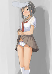 Rule 34 | 10s, 1girl, alternate costume, blouse, blush, bra, brown eyes, brown skirt, closed mouth, clothes lift, commentary request, disembodied hand, embarrassed, full-face blush, grey background, grey hair, hand on another&#039;s head, headpat, highres, i-401 (kancolle), kantai collection, kneehighs, legs together, midriff, multicolored clothes, necktie, panties, pleated skirt, polka dot, polka dot bra, polka dot panties, red necktie, sailor collar, school uniform, see-through, sekira ame, serafuku, shirt, sketch, skirt, skirt hold, skirt lift, socks, solo, standing, underwear, upper body, wet, wet clothes, wet shirt, white panties, white socks