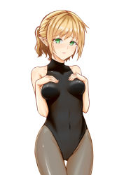 Rule 34 | 1girl, absurdres, black leotard, black pantyhose, blonde hair, breasts, c.rabbit, covered navel, cowboy shot, green eyes, grey pantyhose, hand on own chest, highres, leotard, looking at viewer, medium breasts, mizuhashi parsee, pantyhose, pointy ears, short hair, simple background, solo, standing, touhou, turtleneck, white background