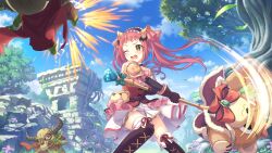 Rule 34 | 1girl, ayane (princess connect!), blue sky, boots, holding, holding weapon, long hair, monster, official art, outdoors, princess connect!, ruins, skirt, sky, tree, weapon