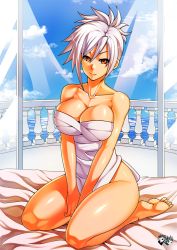 Rule 34 | 1girl, alternate costume, bare shoulders, bed, bed sheet, breasts, cleavage, feet, female focus, folded ponytail, jadenkaiba, large breasts, league of legends, lips, looking at viewer, naked towel, off shoulder, red eyes, riven (league of legends), seiza, short hair, sitting, smile, solo, towel, white hair