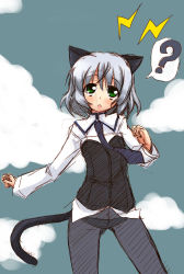 Rule 34 | 00s, 1girl, ?, akino sora, animal ears, bad id, bad pixiv id, black pantyhose, blush, cat ears, cat tail, crotch seam, green eyes, necktie, pantyhose, sanya v. litvyak, short hair, silver hair, solo, strike witches, tail, vest, world witches series