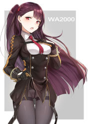 Rule 34 | 1girl, blush, character name, clothes lift, cowboy shot, crotch seam, girls&#039; frontline, gloves, long hair, looking at viewer, luse maonang, necktie, pantyhose, purple hair, red eyes, side ponytail, skirt, skirt lift, solo, thigh gap, thighband pantyhose, underbust, very long hair, wa2000 (girls&#039; frontline)