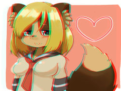 Rule 34 | 1girl, akitaka (mcdonnell-douglas), anaglyph, animal ears, animal nose, blonde hair, blush, breasts, chinchilla (9994154), copyright request, furry, green eyes, heart, neck, simple background, smile