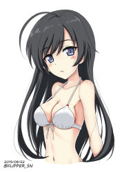 Rule 34 | 1girl, ahoge, bikini, black eyes, black hair, blush, breasts, cleavage, commentary, cropped torso, dated, flipper, front-tie bikini top, front-tie top, girls und panzer, isuzu hana, light blush, long hair, looking at viewer, medium breasts, navel, one-hour drawing challenge, open mouth, simple background, solo, swimsuit, twitter username, upper body, white background, white bikini
