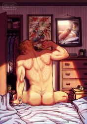 Rule 34 | 2boys, ass, back, bara, black hair, blonde hair, captain america, closet, completely nude, couple, cris art, earrings, hulkling, iron man, jewelry, male focus, marvel, mirror, multiple boys, muscular, muscular male, nude, on bed, poster (object), reflection, scales, short hair, sitting, solo focus, stretching, wiccan, yaoi