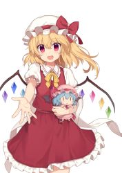 Rule 34 | 1girl, absurdres, blonde hair, character doll, flandre scarlet, hat, hat ribbon, highres, long hair, mob cap, open mouth, puffy short sleeves, puffy sleeves, reaching, reaching towards viewer, red eyes, red ribbon, red skirt, remilia scarlet, ribbon, short sleeves, simple background, skirt, skirt set, smile, solo, standing, touhou, transparent background, vest, white background, wings, yada (xxxadaman)