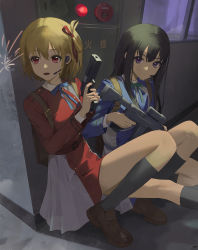 Rule 34 | 2girls, against wall, backpack, bad id, bad pixiv id, bag, black hair, blonde hair, blue dress, blue ribbon, brown footwear, closed mouth, dress, finger on trigger, foot out of frame, green ribbon, gun, hair ribbon, handgun, headset, highres, holding, holding gun, holding weapon, indoors, inoue takina, kneehighs, long hair, lycoris recoil, microphone, multiple girls, neck ribbon, nishikigi chisato, parted lips, purple eyes, red dress, red eyes, red ribbon, ribbon, shoes, short hair, socks, sparks, spung, squatting, straight hair, submachine gun, taking cover, thighs, weapon, window
