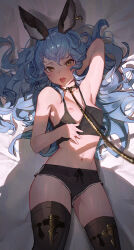 Rule 34 | 1girl, absurdres, alternate costume, animal ears, arm up, bad source, bed sheet, black shirt, black shorts, blue hair, blush, breasts, brown thighhighs, camisole, crop top, erune, ferry (granblue fantasy), granblue fantasy, hair spread out, hand in own hair, highres, leash, long hair, looking at viewer, lying, midriff, navel, on back, one breast out, open mouth, saliva, saliva trail, shirt, short shorts, shorts, signature, small breasts, solo, sooon, teeth, thighhighs, tongue, tongue out, twitter username, upper teeth only, viewer holding leash, yellow eyes