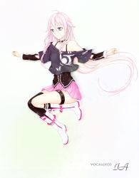 Rule 34 | 1girl, ahoge, bad id, bad pixiv id, bare shoulders, blue eyes, boots, braid, choker, full body, ia (vocaloid), long hair, off shoulder, pink hair, simple background, single thighhigh, skirt, solo, thigh strap, thighhighs, very long hair, vocaloid, yuduru