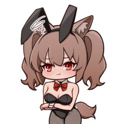 Rule 34 | 1girl, :t, angelina (arknights), animal ear fluff, animal ears, arknights, arms under breasts, bare shoulders, black hairband, black leotard, blush, bow, breasts, brown hair, brown pantyhose, chibi, cleavage, closed mouth, collar, detached collar, fake animal ears, hair between eyes, hairband, leotard, lxjun 09, medium breasts, nose blush, pantyhose, playboy bunny, pout, rabbit ears, red bow, red eyes, simple background, solo, squiggle, strapless, strapless leotard, tail, twintails, white background, white collar, wing collar, wrist cuffs